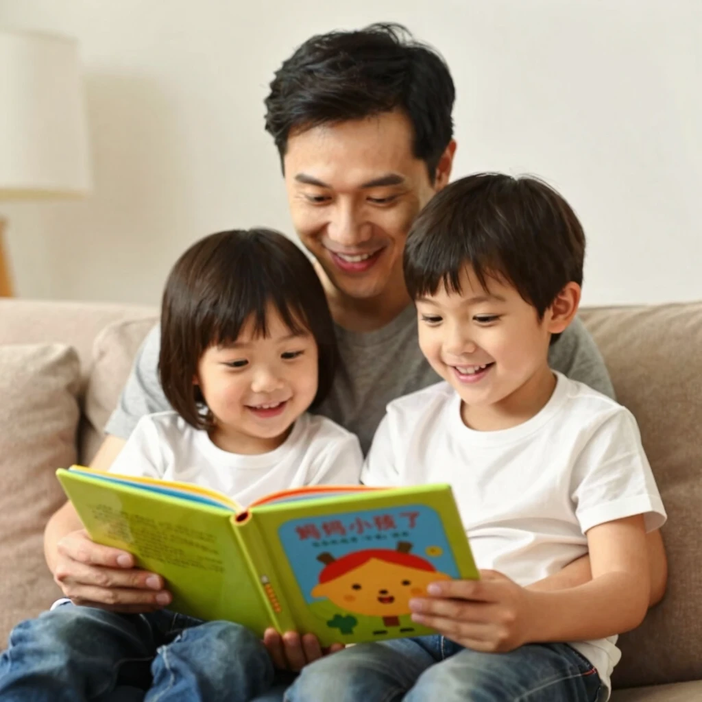 ソファで絵本を一緒に読む温かな親子の様子