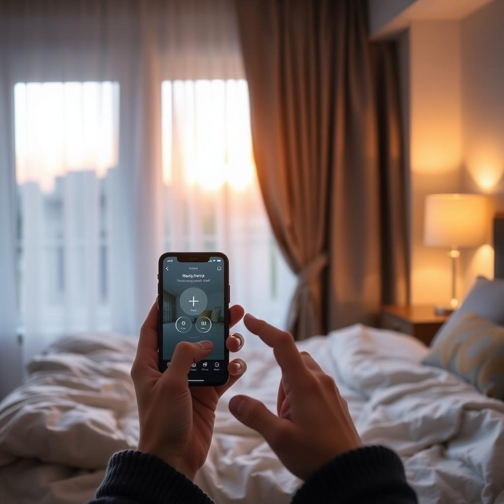 スマートフォンでスマートホームを操作する人。アプリ画面が表示され、スマートカーテンが開いて朝日が差し込む。モダンな寝室には柔らかいベッドとスマートランプが温かく光る。