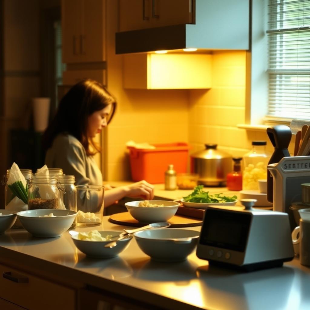 居心地の良いキッチンで、人がカウンターで簡単な食事を作っている。整理された食材とタイマーがカウンターに置かれ、柔らかな照明とモダンなデザインの温かみのあるキッチン。