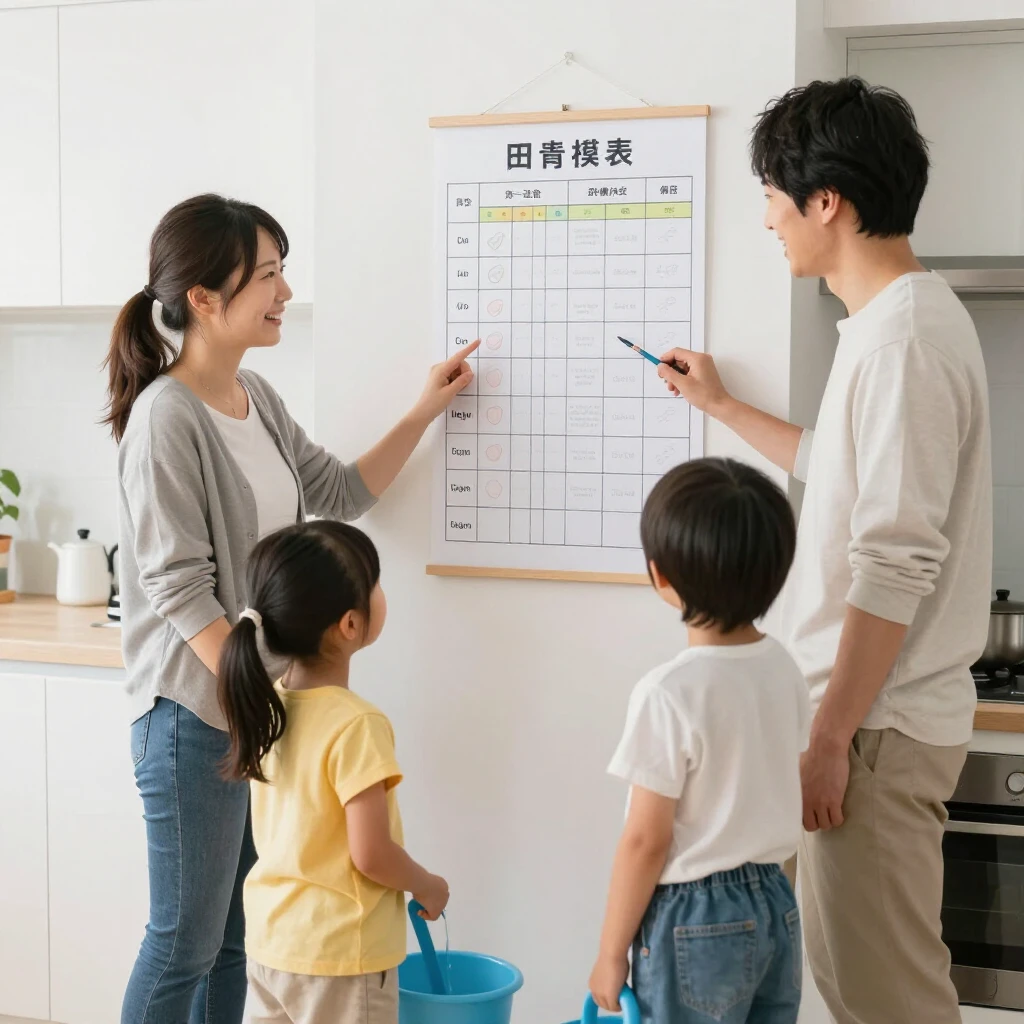 幸せな日本の家族4人が現代的なキッチンで家事分担をし、壁に家事チャートを貼って笑顔で協力している様子