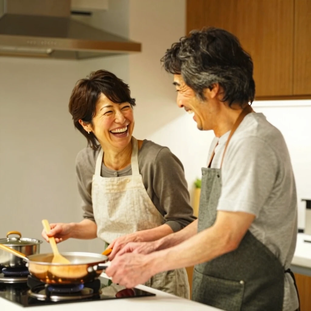 笑顔で一緒に料理をする幸せな夫婦
