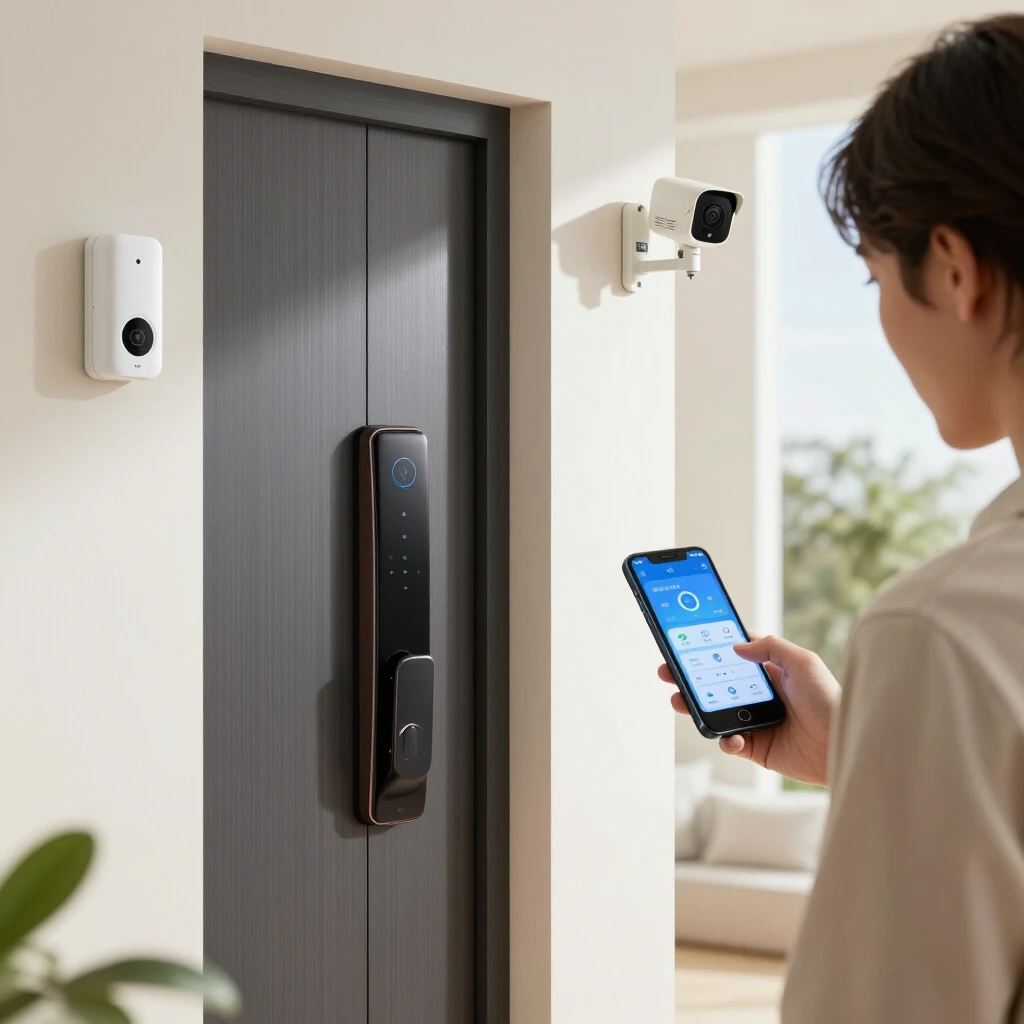 スマートホームのセキュリティ機器が設置された玄関の様子。スマホで操作している様子