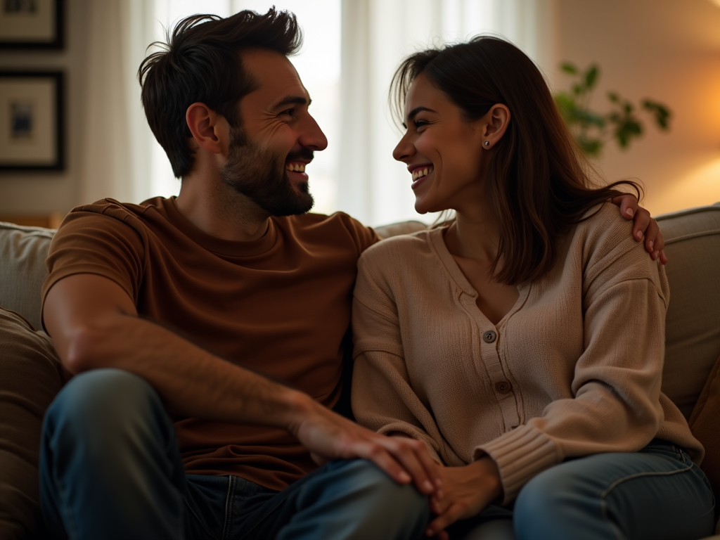 夫婦がソファに座り、手を握り合って笑顔で向き合っている様子
