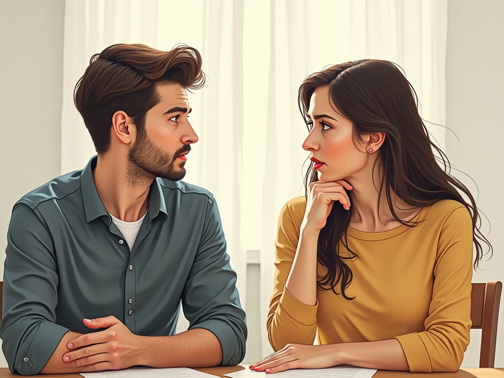夫婦がテーブルで真剣な表情で話し合い、互いに尊重し合っている様子