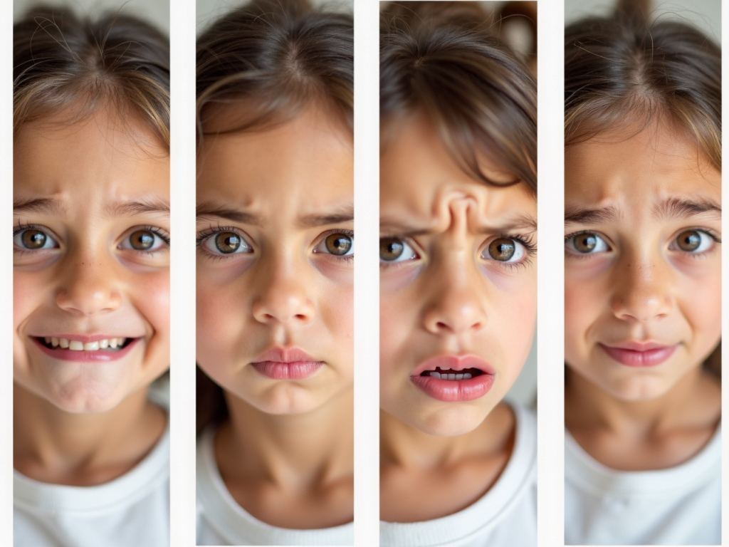 子供が喜び、悲しみ、怒り、恐れを表現している顔