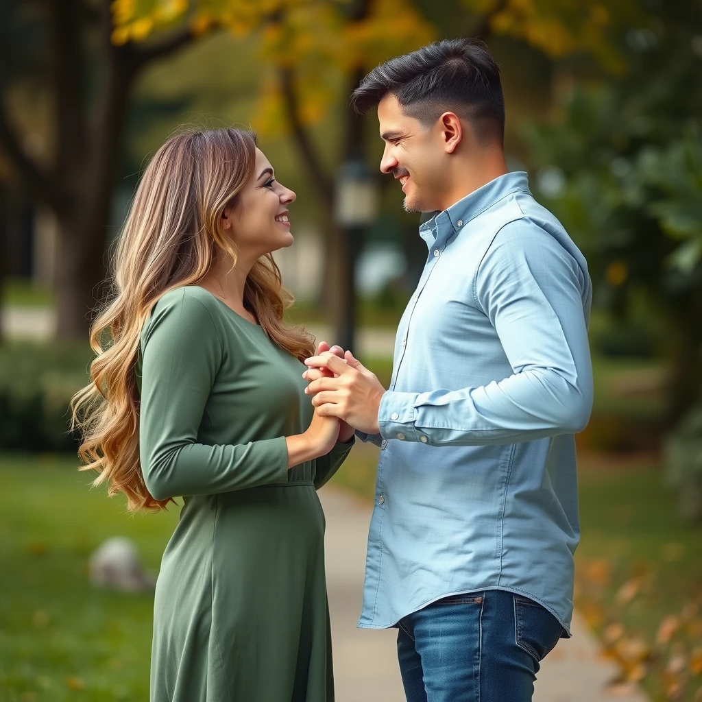夫婦が手を握り合い、互いに優しい視線を交わす様子