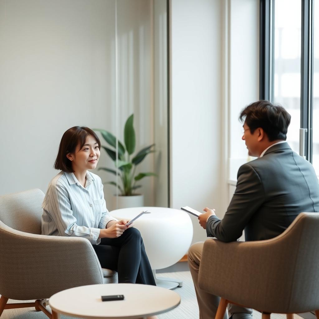 モダンなオフィスでカウンセラーと向き合う日本人夫婦のカウンセリング風景
