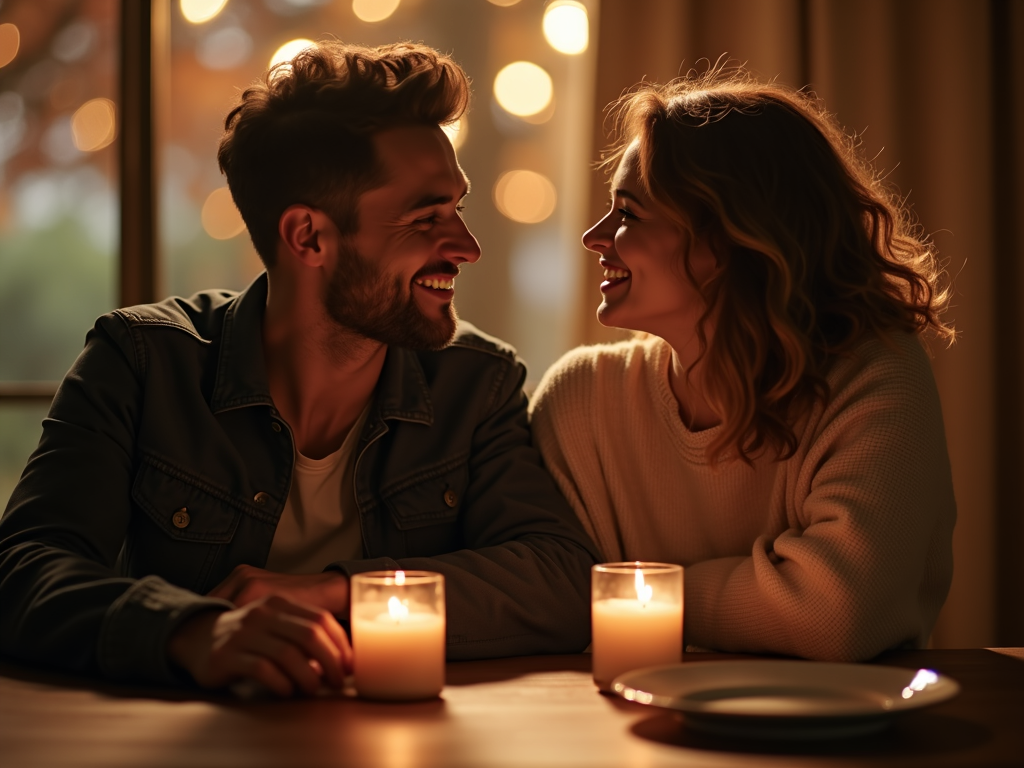 夫婦がテーブルで話し合い、笑顔を見せている様子。