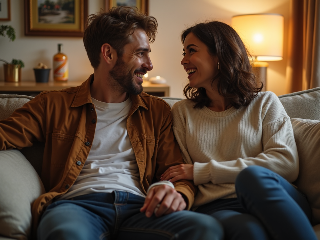 夫婦が手を取り合って笑顔でいる様子