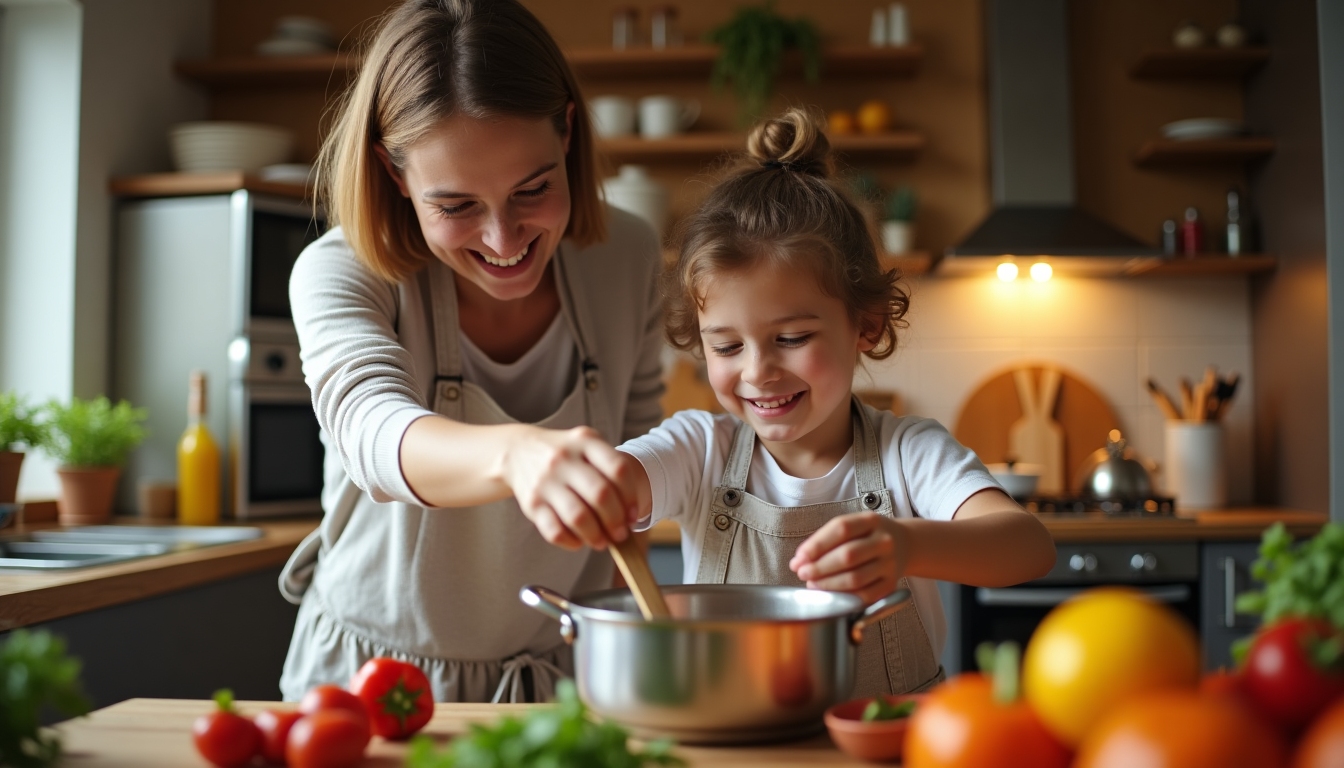 親が子供に料理を教え、一緒にキッチンで協力している様子