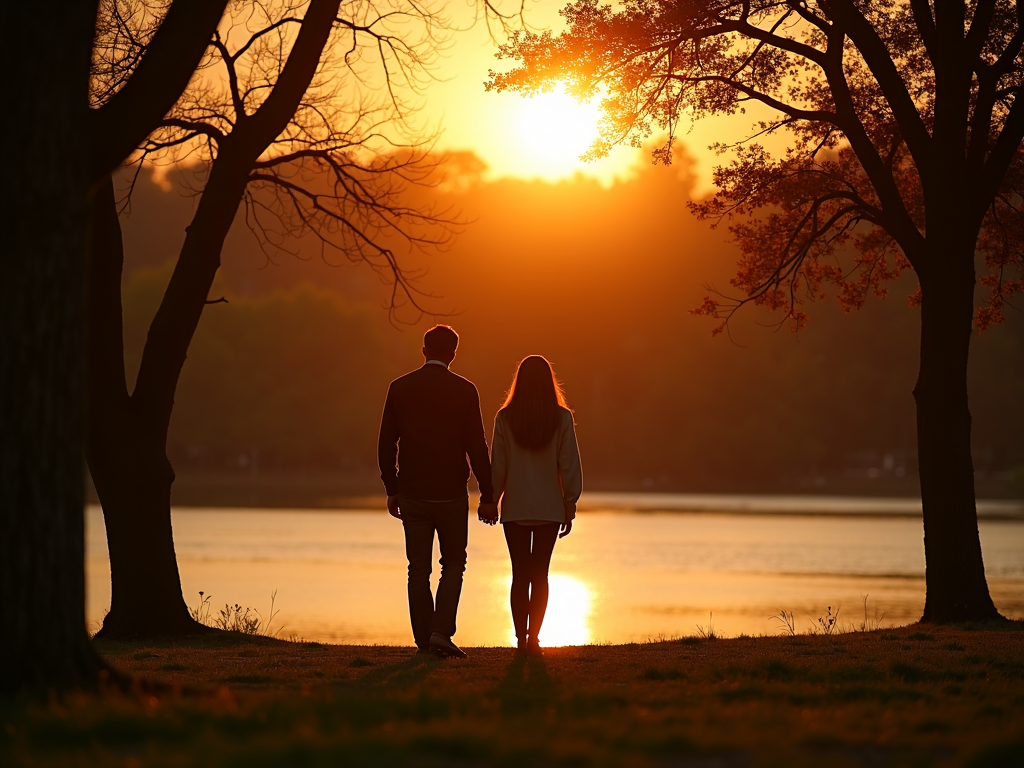 夫婦が夕暮れの公園で手をつないで歩いている様子