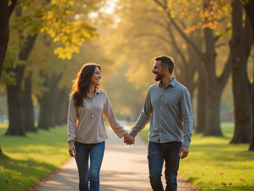 視点の理解で仲良くなった夫婦が公園を歩く