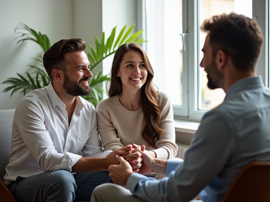 モダンなオフィスでカウンセラーと向き合う夫婦。手をつなぎ、思慮深くも希望に満ちた表情。カウンセラーが優しく微笑み、支える雰囲気を作り出している。