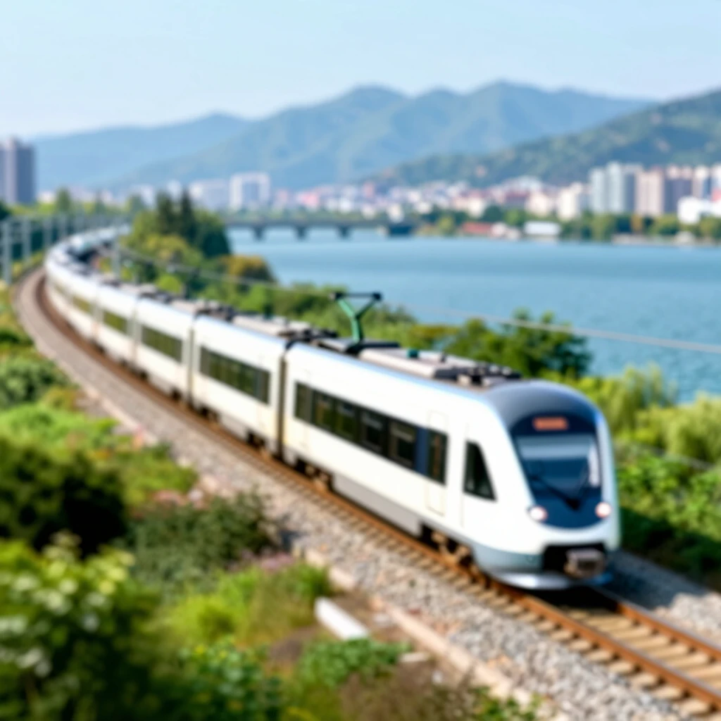 自然に囲まれた現代的な電気鉄道。グリーン公共交通の様子