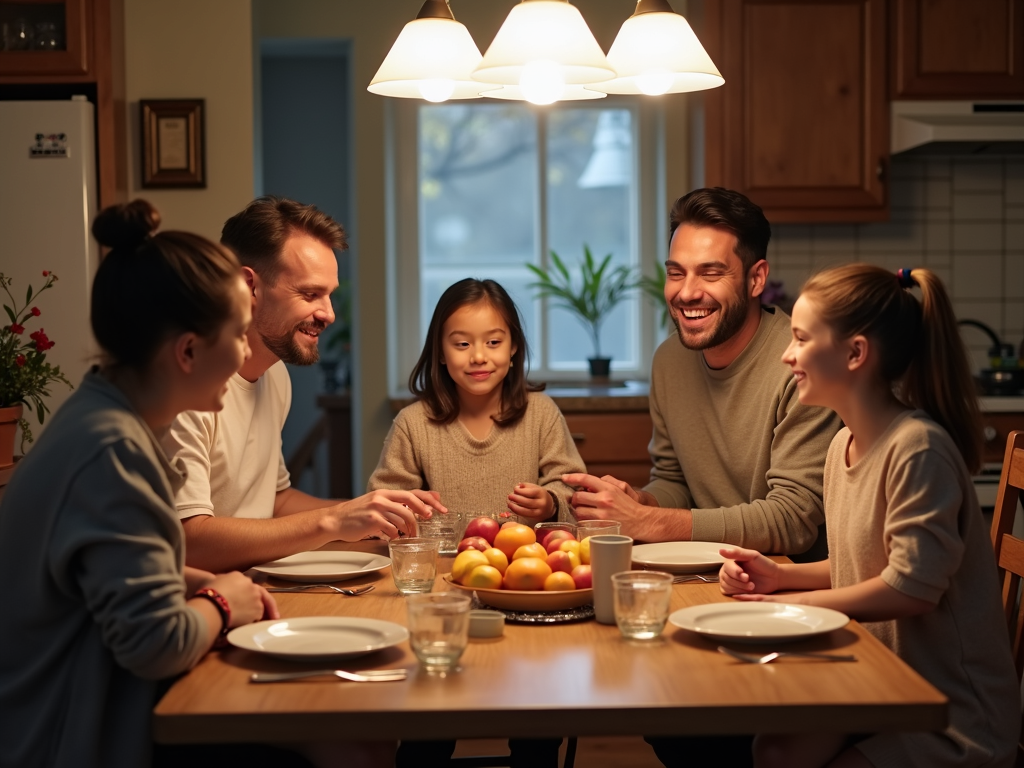 家族が夕食のテーブルを囲み、笑顔で話している様子。スマホは見えず、暖かいキッチン。