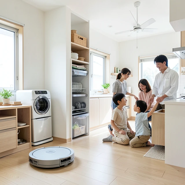 効率的な家事道具が揃った快適な室内