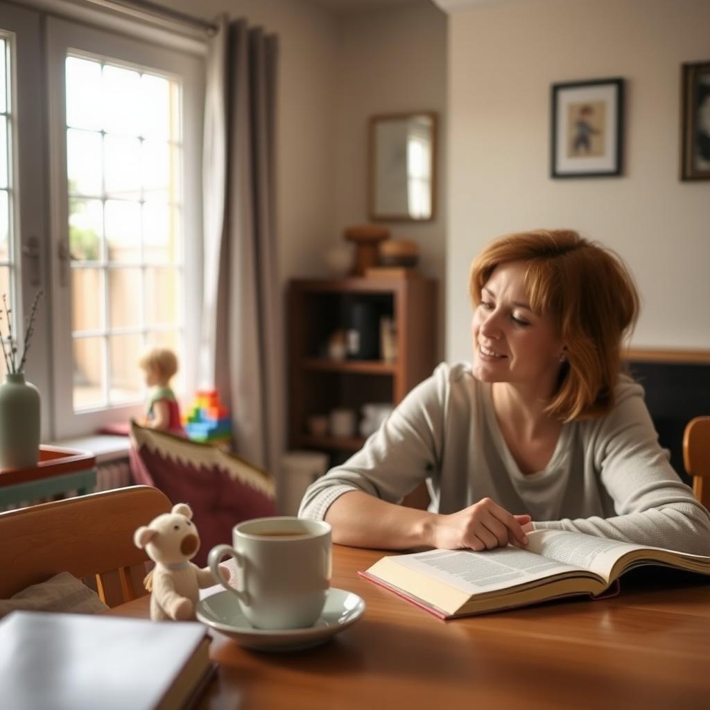 親が紅茶を飲みながら本を読み、リラックスしている穏やかな家庭の場面。背景では子どもがブロックで静かに遊んでいる。