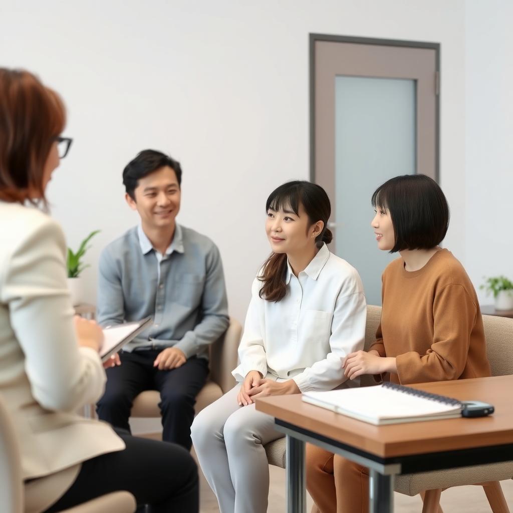 モダンなオフィスでの日本人夫婦とセラピストのセッション。夫婦が話し合い、セラピストが注意深く耳を傾ける落ち着いた雰囲気。