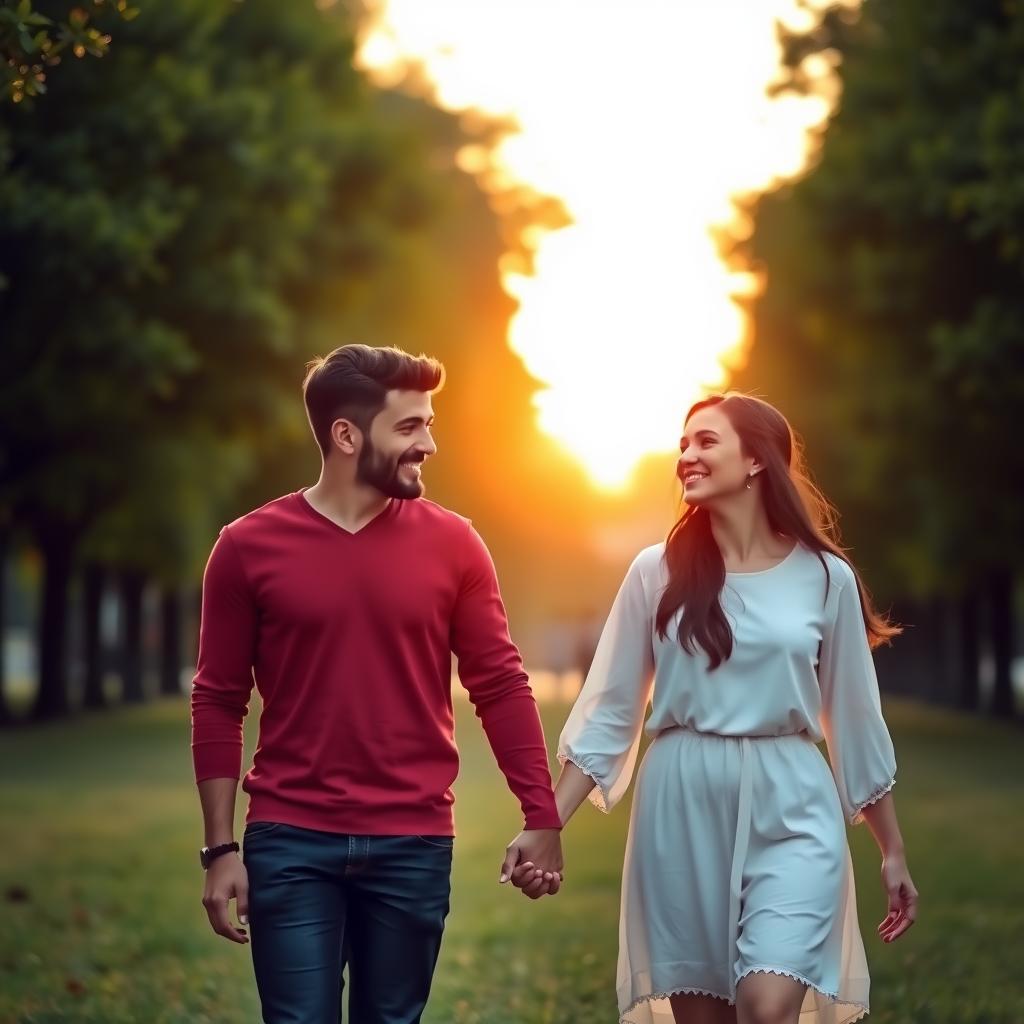 夕暮れ時の静かな公園で、手をつないで歩く夫婦の写真。穏やかな笑顔で向き合い、背景には緑豊かな木々と金色の空が調和と絆を象徴している。