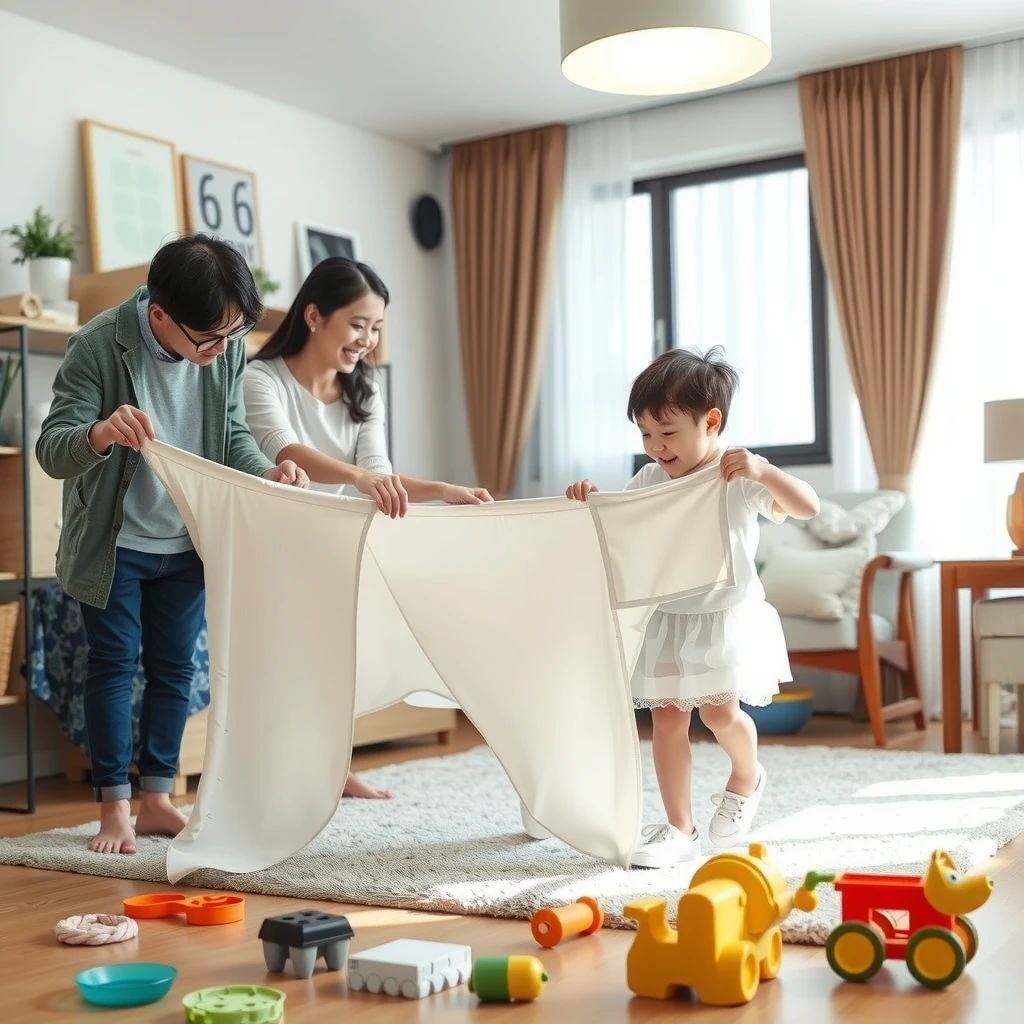 リビングで一緒に洗濯物を畳む家族の楽しい瞬間