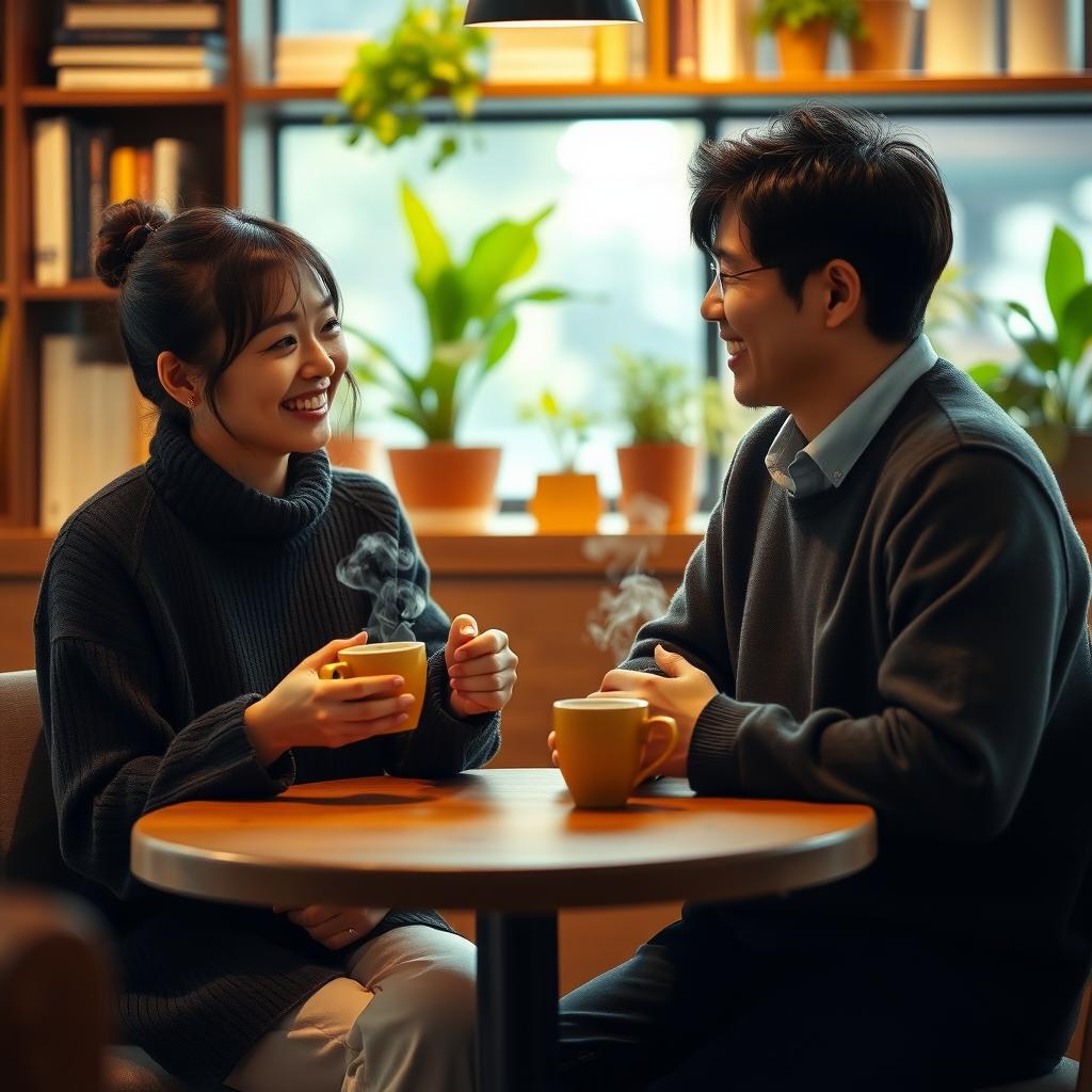 カフェでコーヒーを飲みながら穏やかに会話する夫婦