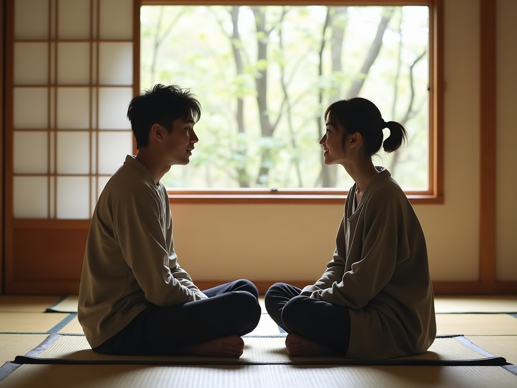 夫婦が和室で向き合って会話をしている様子