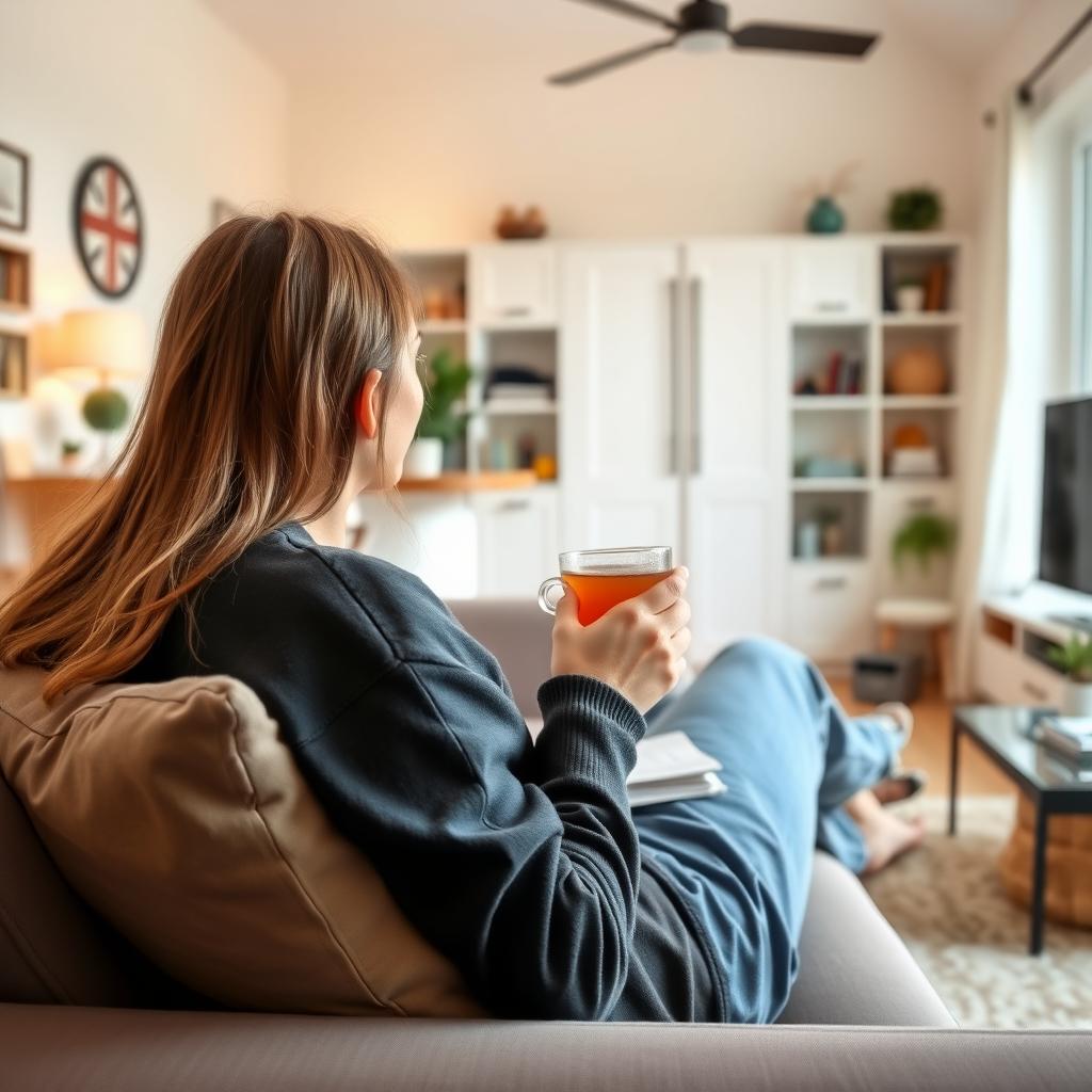 家事を終えてきれいなリビングでソファに座り、お茶を飲む人の画像