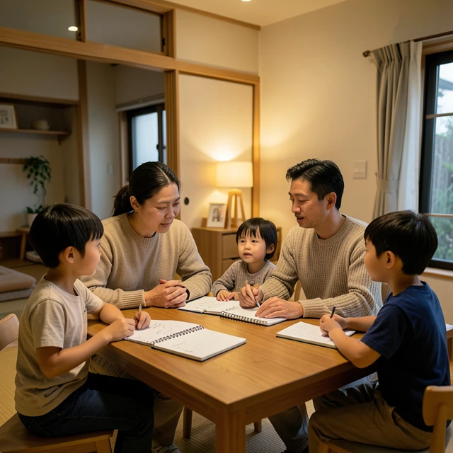 家族で話し合いながら予定を立てる様子