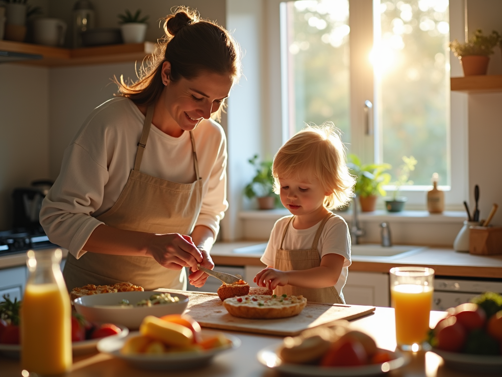親子で朝食の準備をする様子