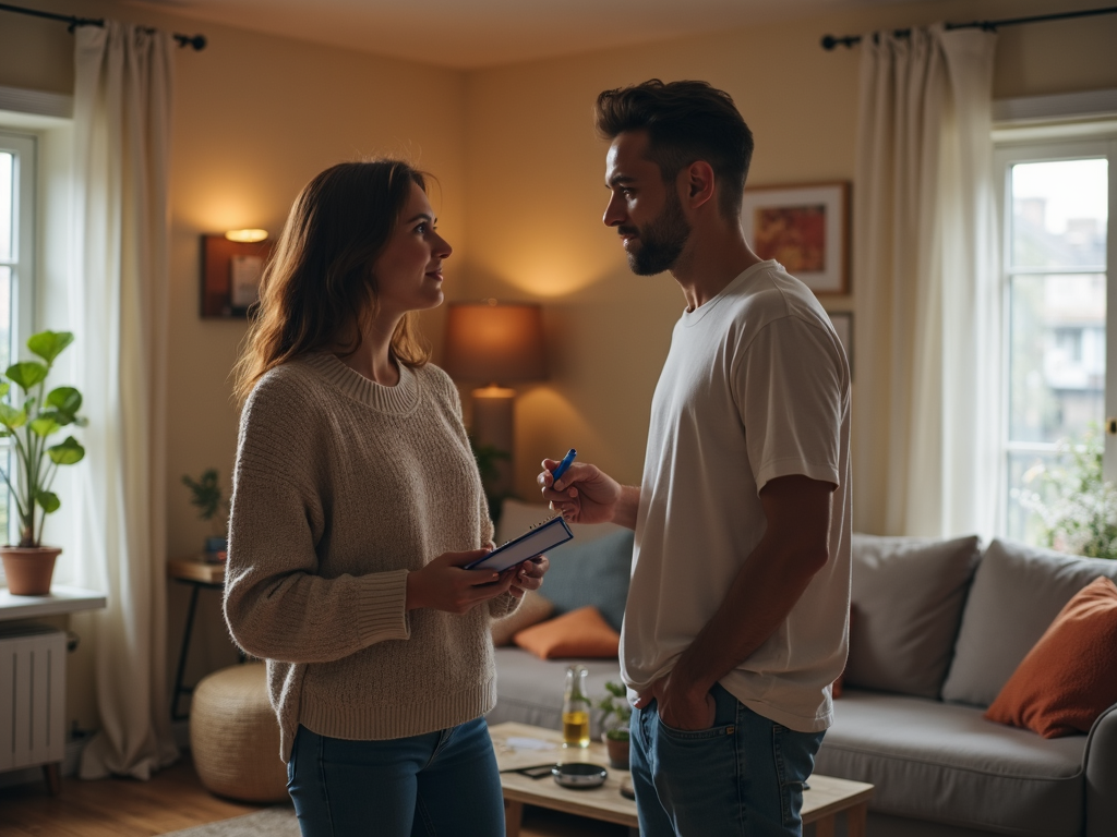 リビングルームで考え込んでいるが、怒っていない夫婦