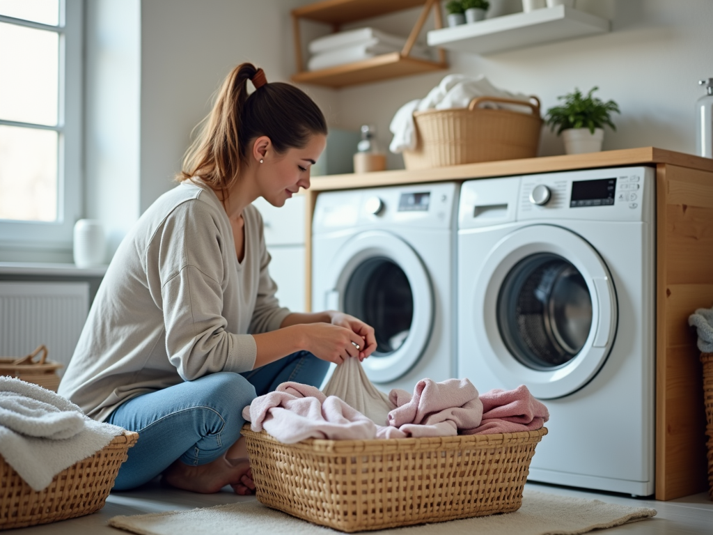 洗濯機の前で洗濯物を整理する女性