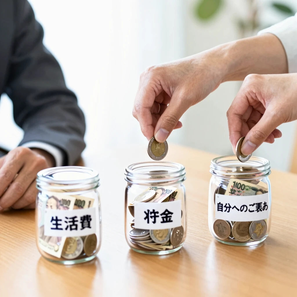 生活費・貯金・自分用に分けた透明の貯金箱にお金を入れている夫婦の手元