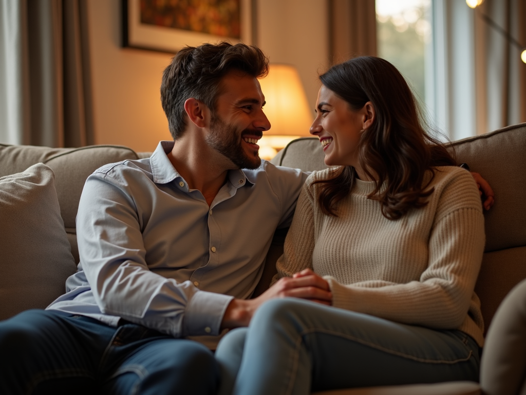 夫婦がリビングで手を取り合い、笑顔で向き合っている様子