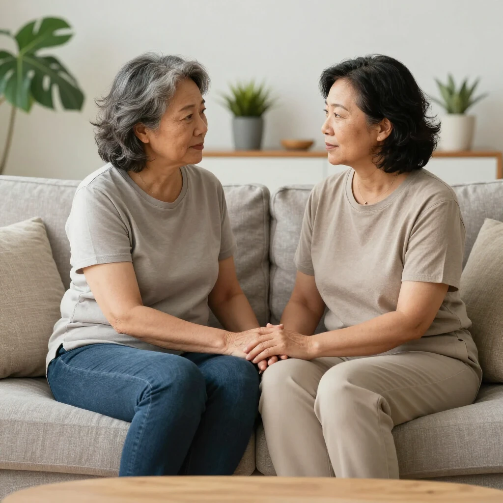 夫婦がリビングで穏やかに話す様子