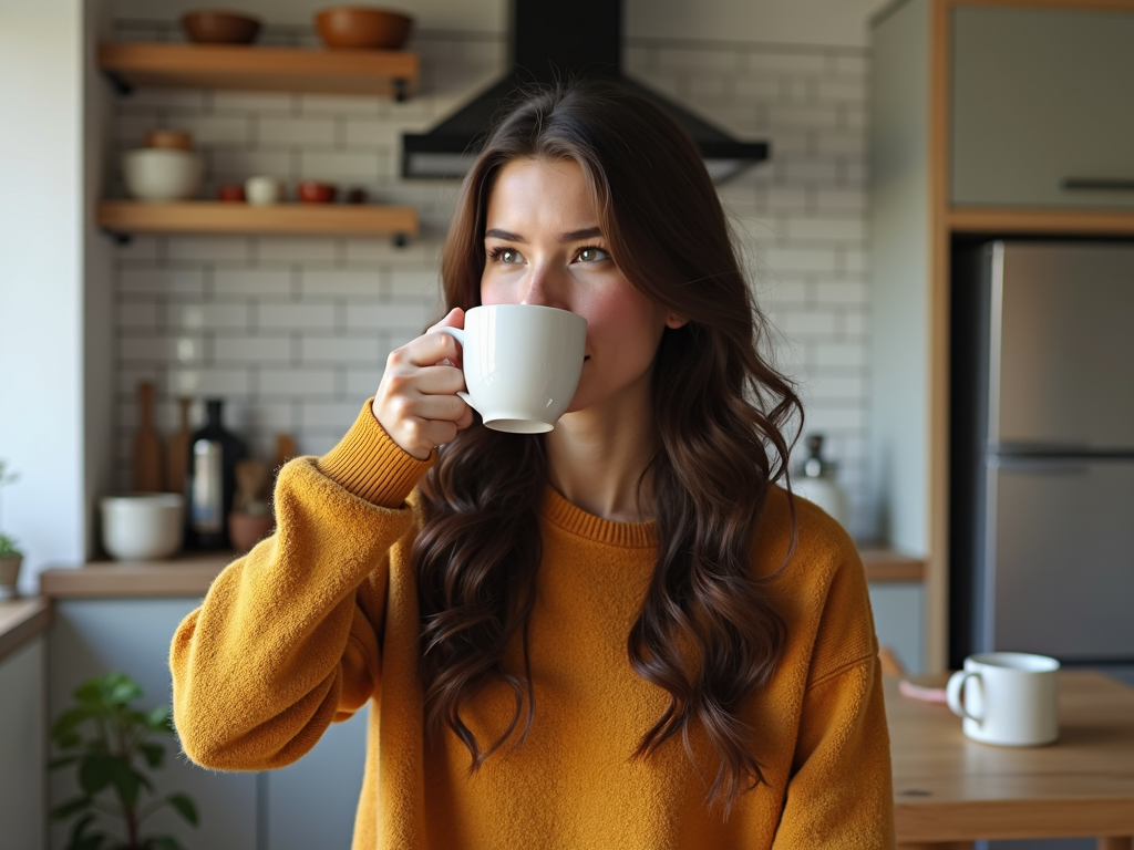 家事を終えた後にコーヒーを楽しむ人