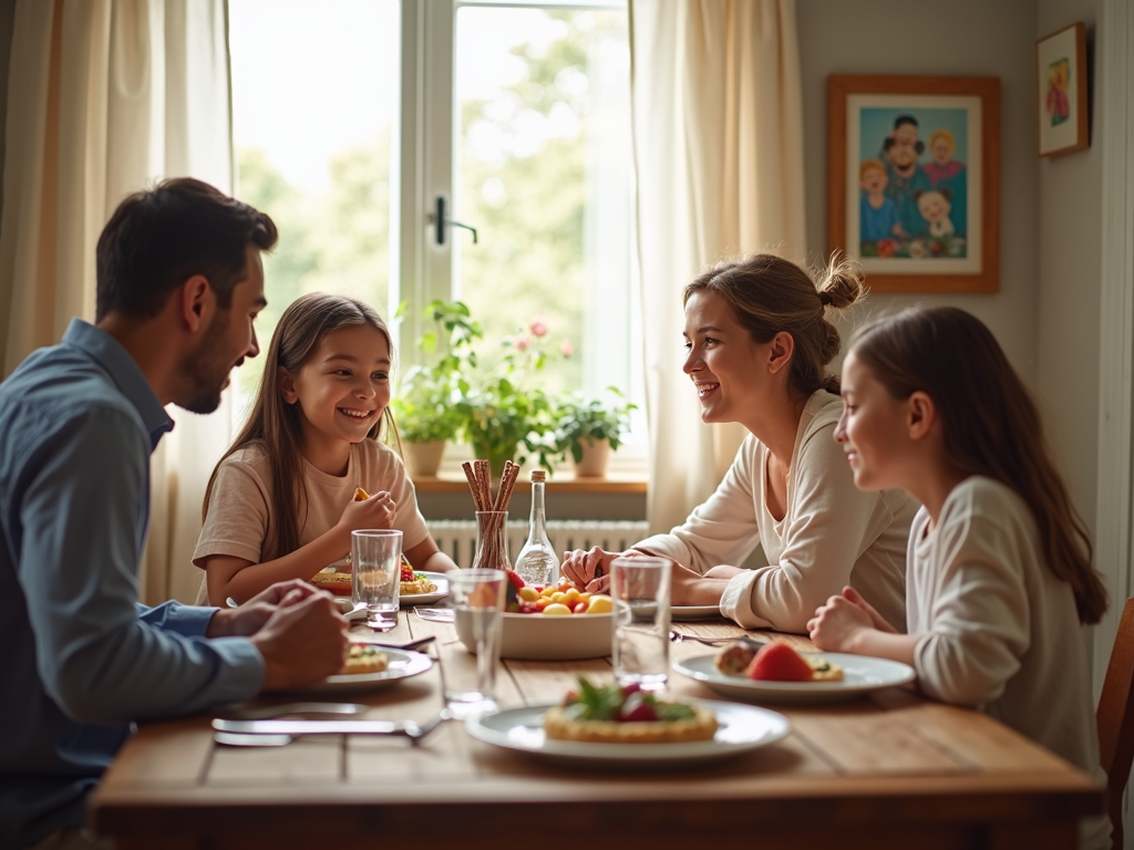 家族が食卓を囲み、子供たちが話す様子を親が聞いている様子