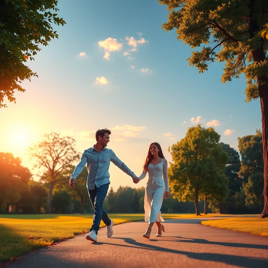 夕暮れの公園で手e手を繋いで歩く平和そうな夫婦