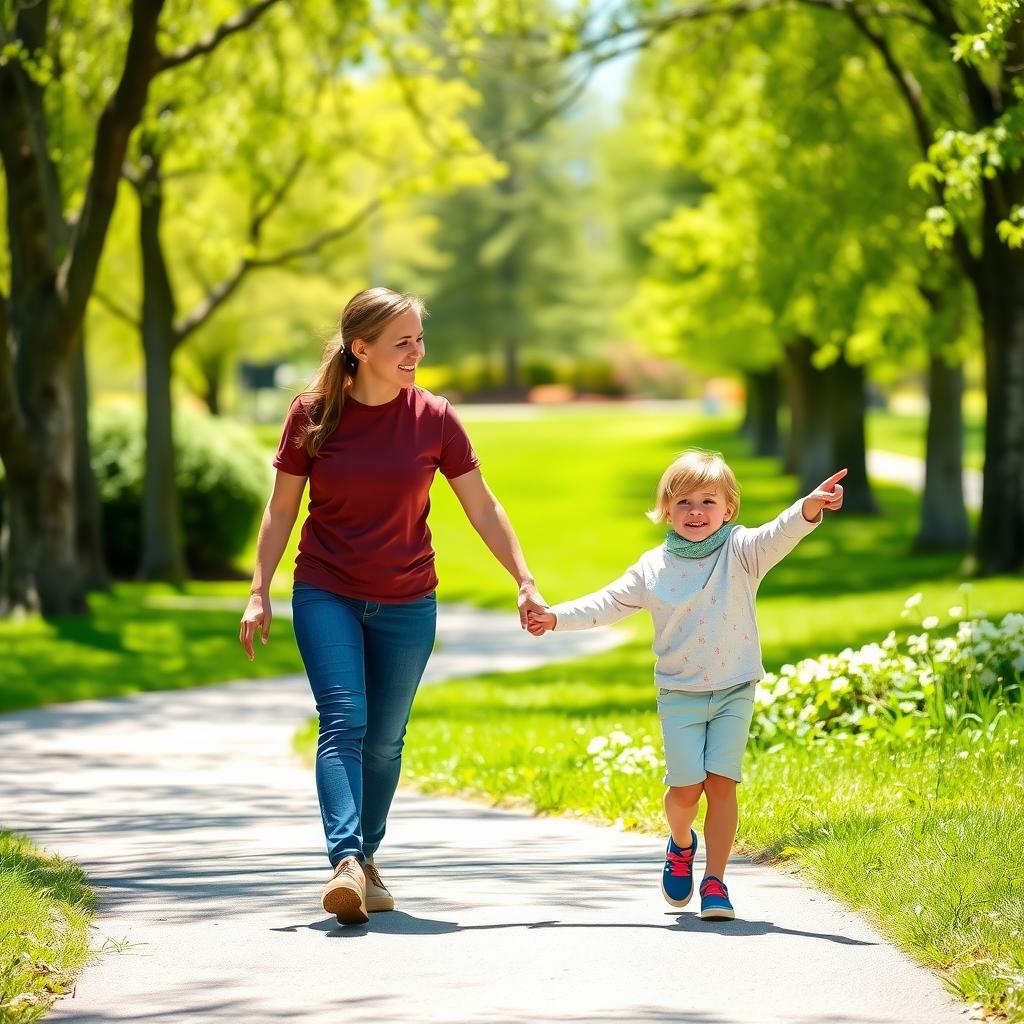 親と子が公園の木陰の道を手を繋いで歩き、子が遠くを指差しながら親が笑顔で見つめる楽しい瞬間。