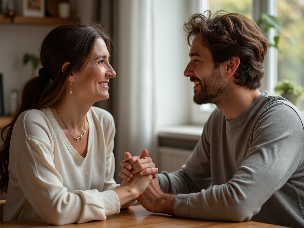 夫婦がテーブルを挟んで手を握り、理解と共感の眼差しを交わしている様子