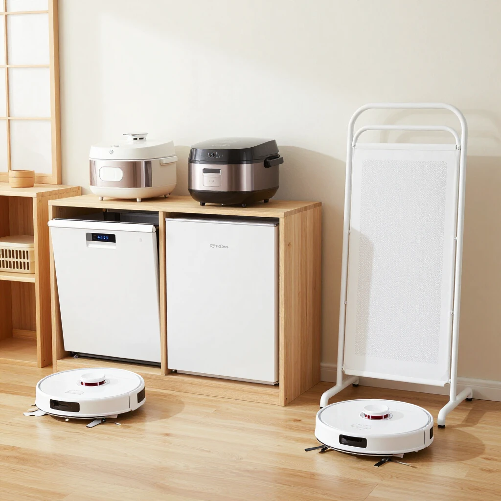 ロボット掃除機、食器洗い機、多機能炊飯器、洗濯折りたたみボードなどの家事効率化グッズが、明るい現代的な日本の自宅に整然と並んでいる様子