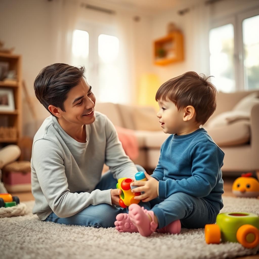 親が子供の話を温かいリビングで優しく聞いている様子