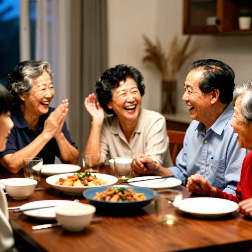 夕食で多世代の家族が笑い合いながら話す、強い家族の絆を示す幸せなシーン