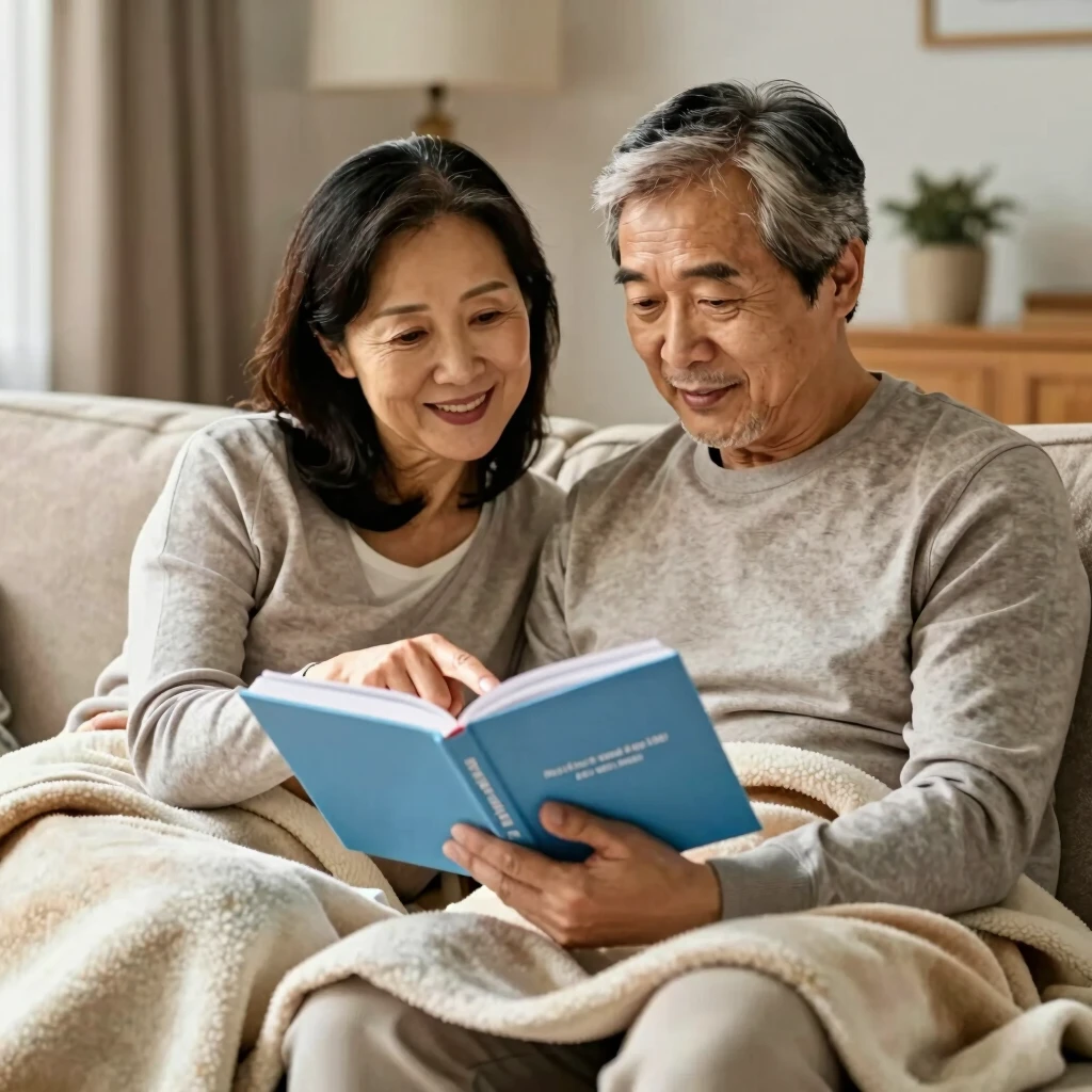 温かなリビングで一緒に本を読む中年の夫婦