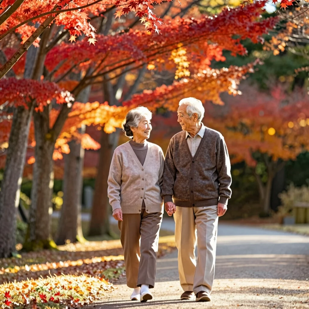 紅葉の公園を手をつないで歩く長年連れ添った夫婦