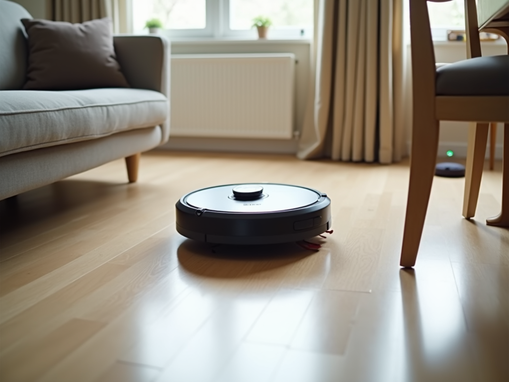 ロボット掃除機がリビングルームを掃除している様子
