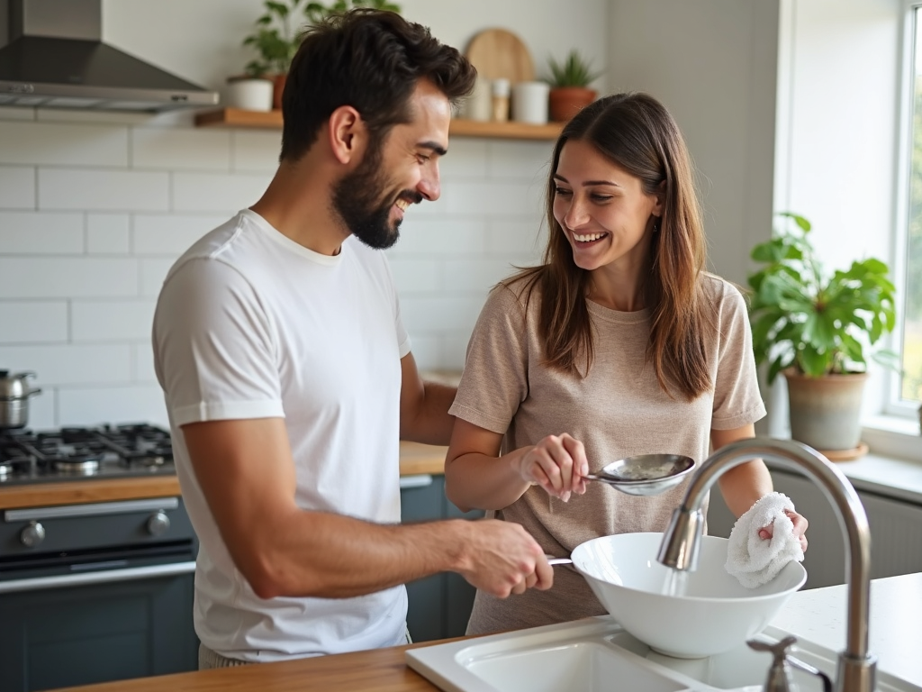 夫婦がキッチンで協力して皿洗いをしている様子