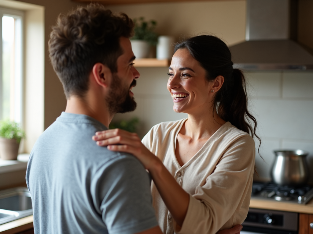 キッチンで微笑み合い、肩に優しく触れる夫婦の様子