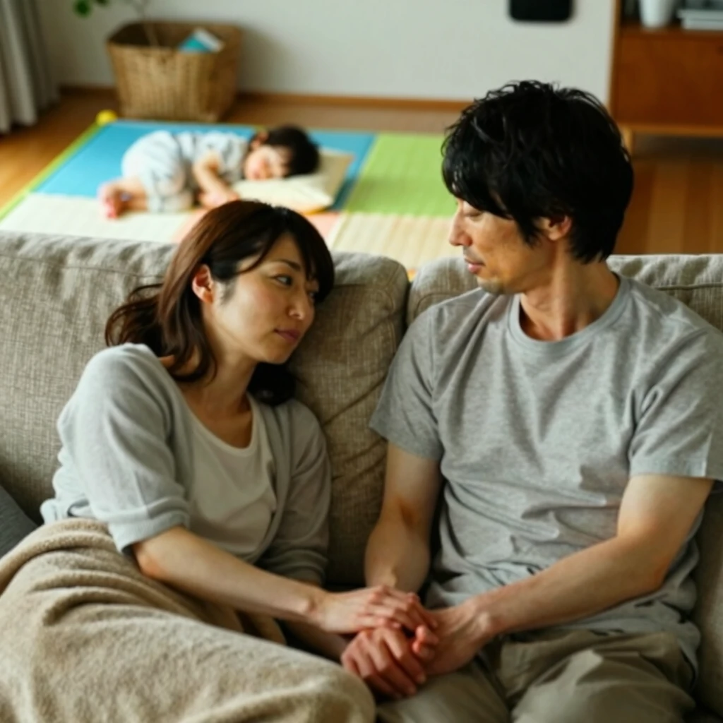 リビングで語り合う夫婦の姿