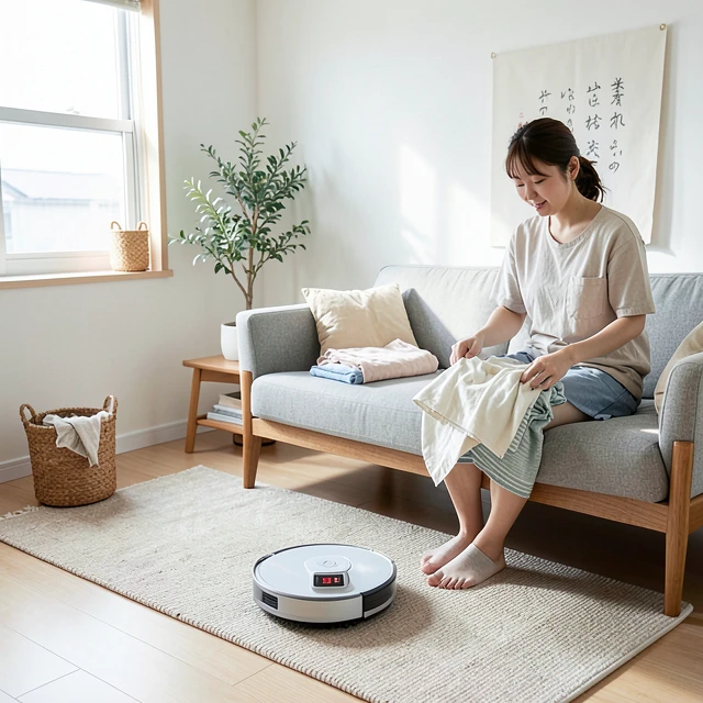 ロボット掃除機を活用したリビングの掃除シーン
