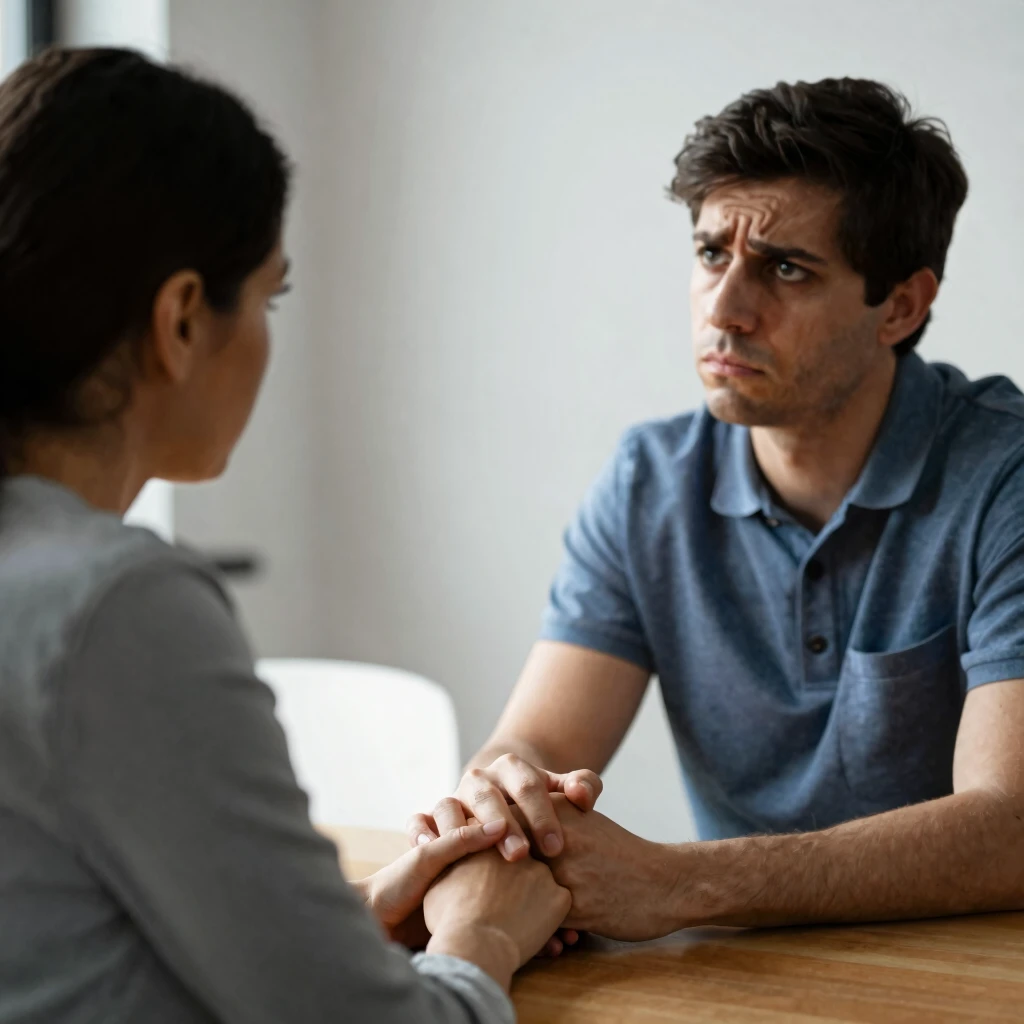 テーブル越しに手を握り、共感を示しながら真剣に話す夫婦